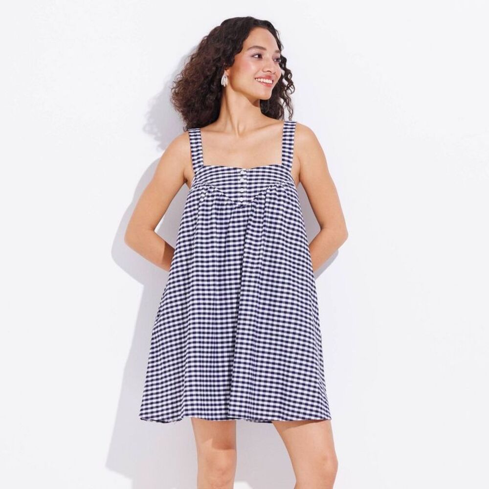 Women's Mini A-Line Dress Navy Blue Check XL
